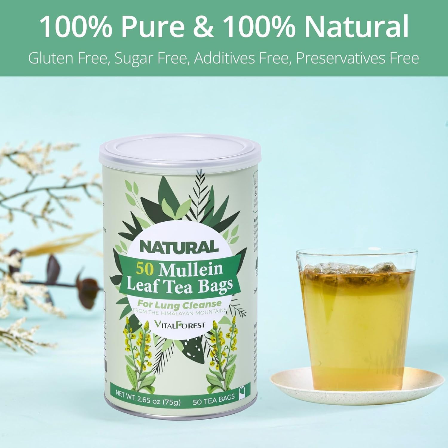 50 Mullein Tea Bags for Lungs, 100% Pure Mullein Leave Tea, Lung Detox Cleanse