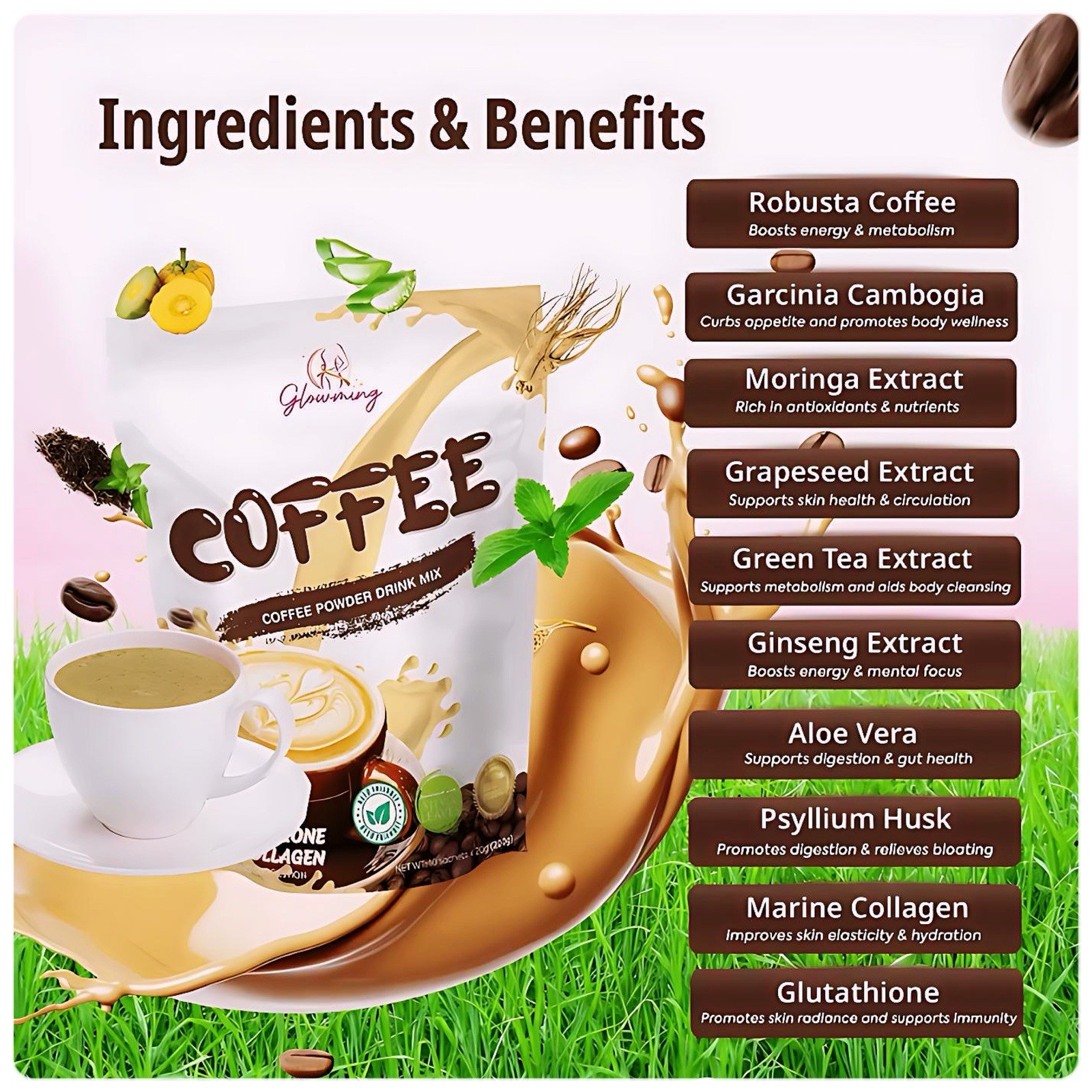 Glowming Café Coffee Drink Mix 200g Collagen Blend Sugar-Free Stevia