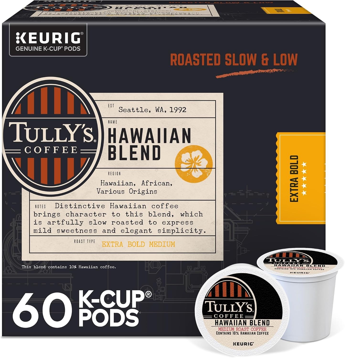 Tully’s Coffee Hawaiian Blend, Keurig Single Serve K-Cup Pods, Medium Roast, 60