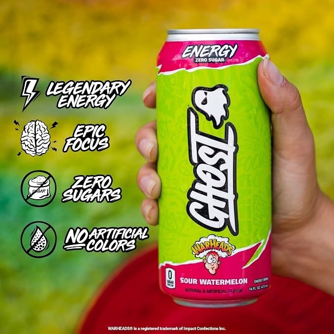 Ghost Energy Ready to Drink 16 Ounce Cans (Warheads Sour Watermelon, 12 Cans)