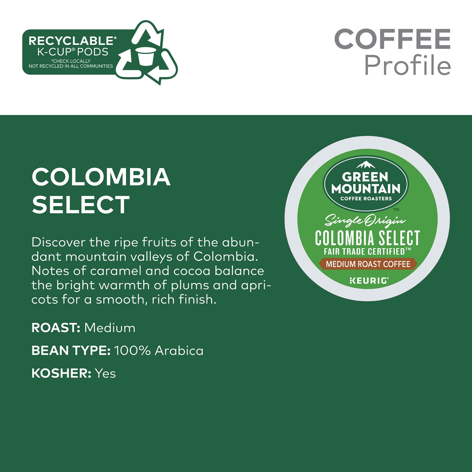 Green Mountain Coffee Colombia Select, Keurig K-Cup Pod, Medium Roast, 72 Count