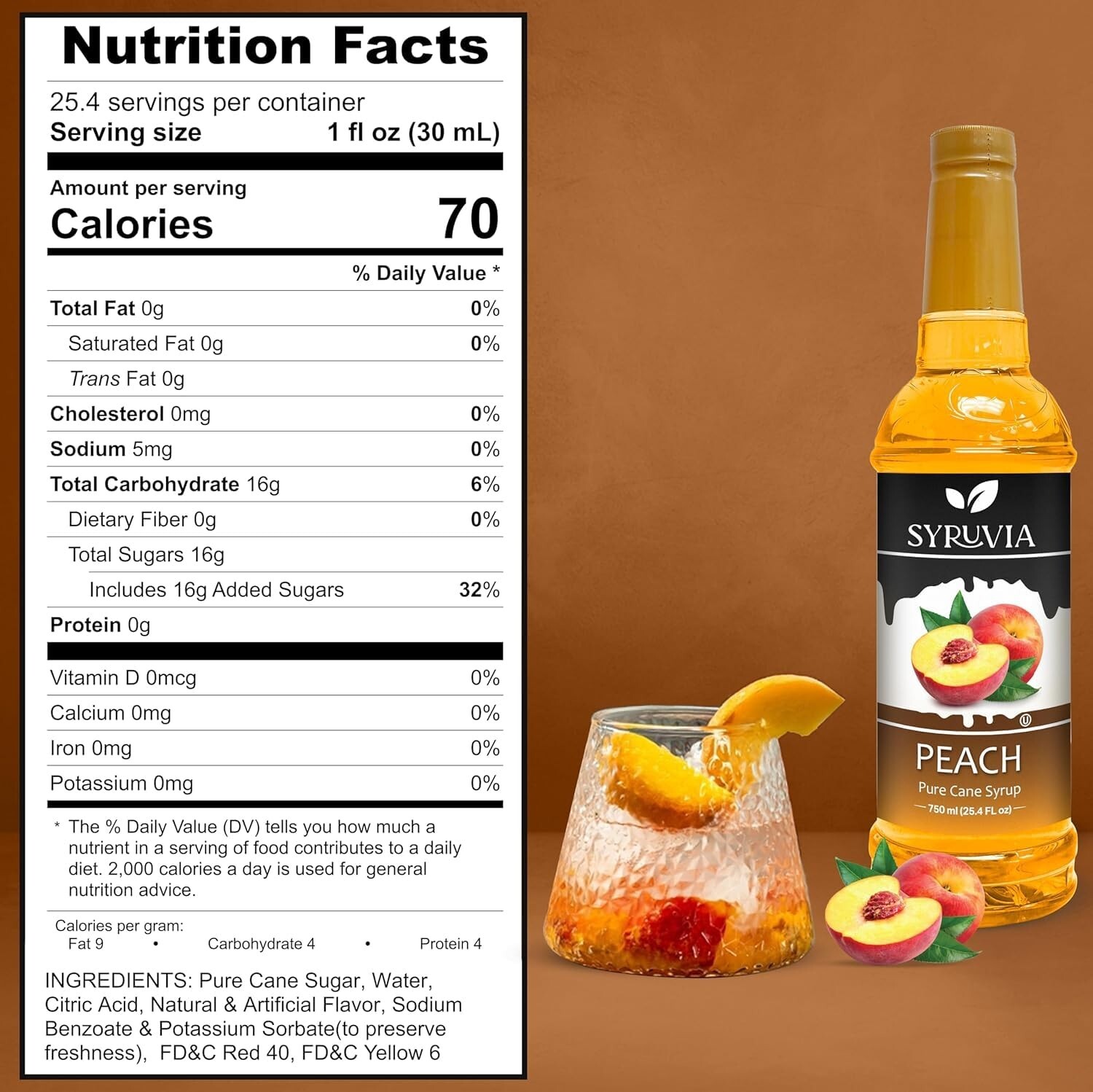 Syruvia Peach Syrup 25.4 fl oz, Kosher, Gluten-Free, Perfect for Drinks