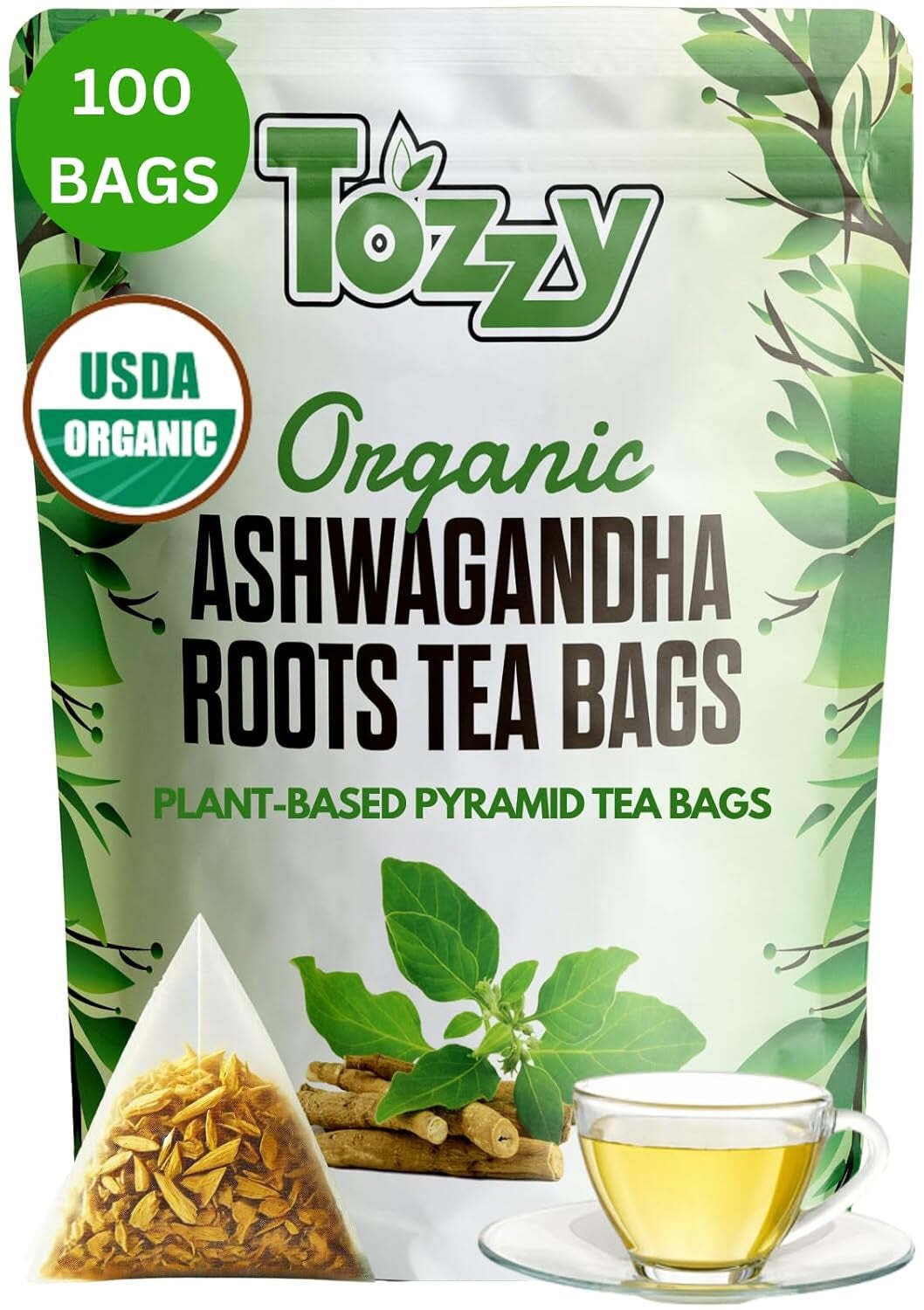 Organic Ashwagandha Tea Bags – 100 Count (Plant-Based Pyramid Tea Bags)