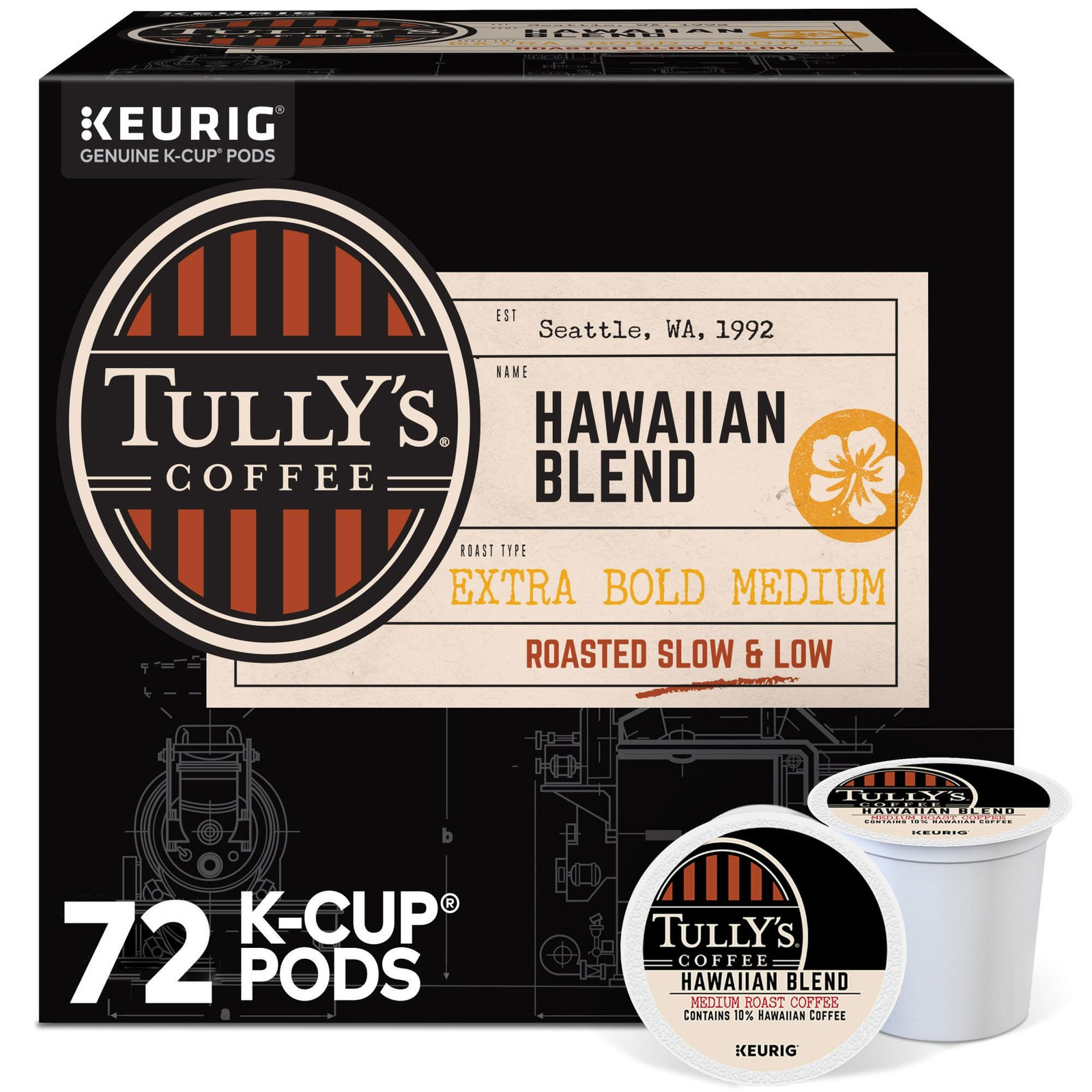 Tully’s Coffee Hawaiian Blend Keurig Single-Serve K-Cup 72 Count (Pack of 1)