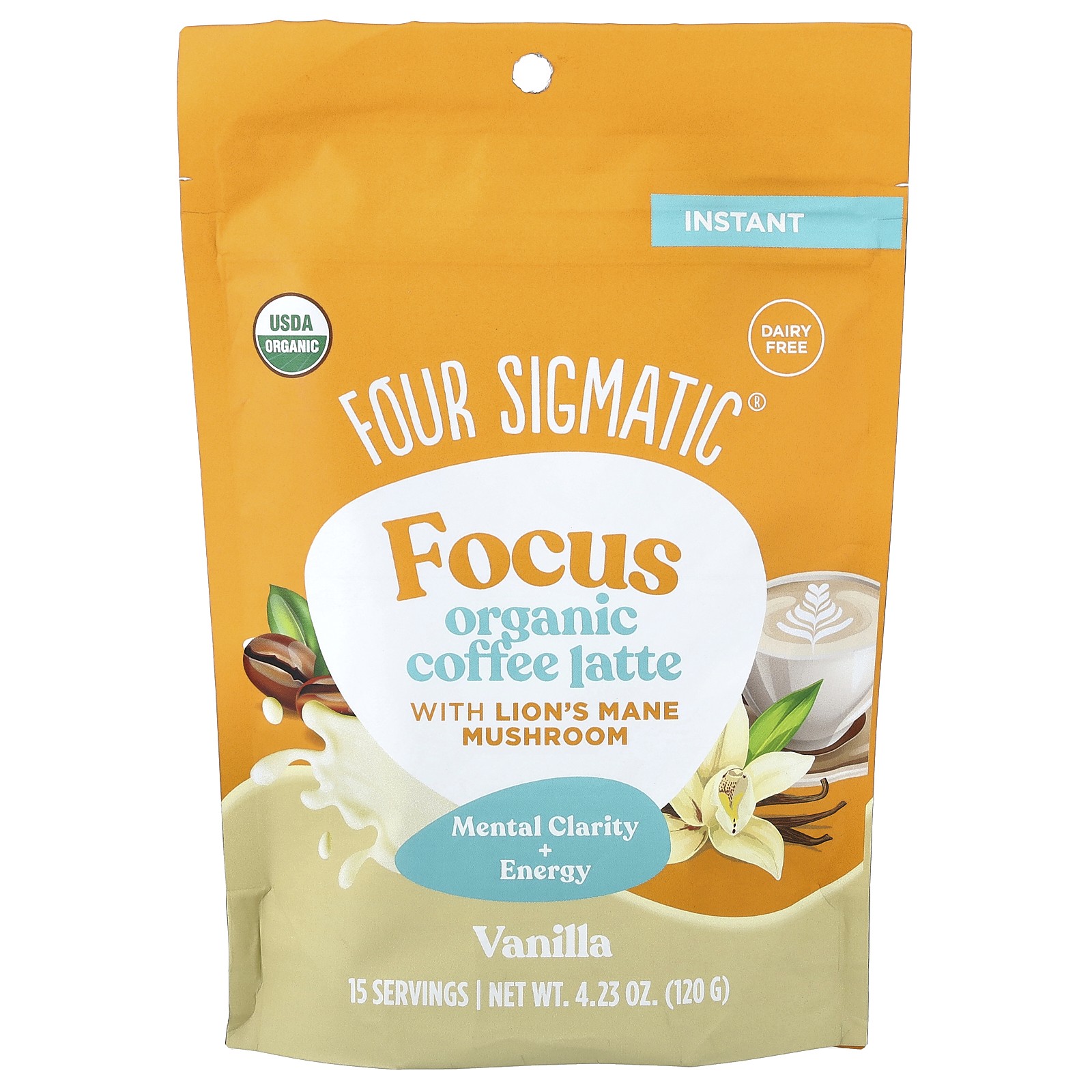 Focus, Organic Instant Coffee Latte With Lion’s Mane Mushroom, Vanilla, 4.23 oz