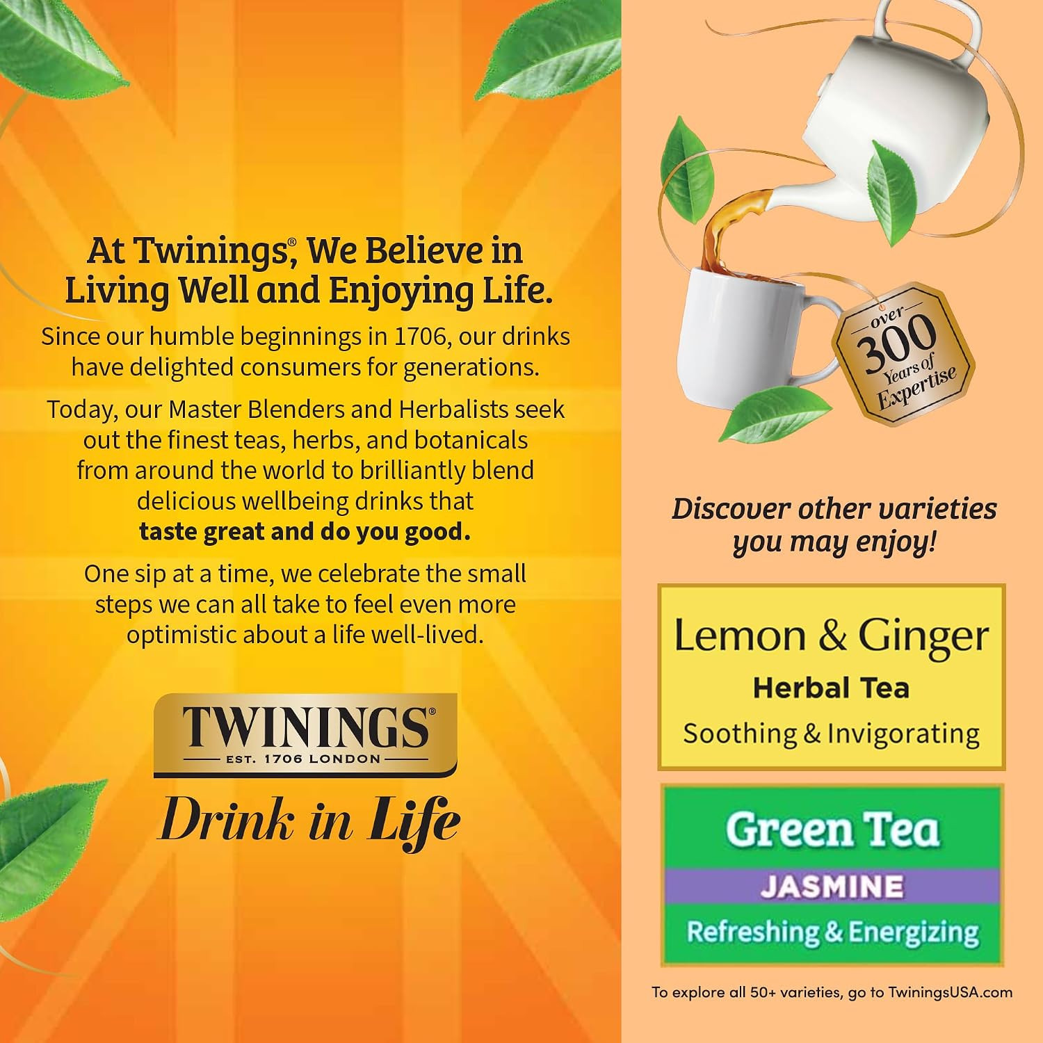 Twinings Peach & Orange Herbal Tea Individually Wrapped Bags, 100 Count (Pack of