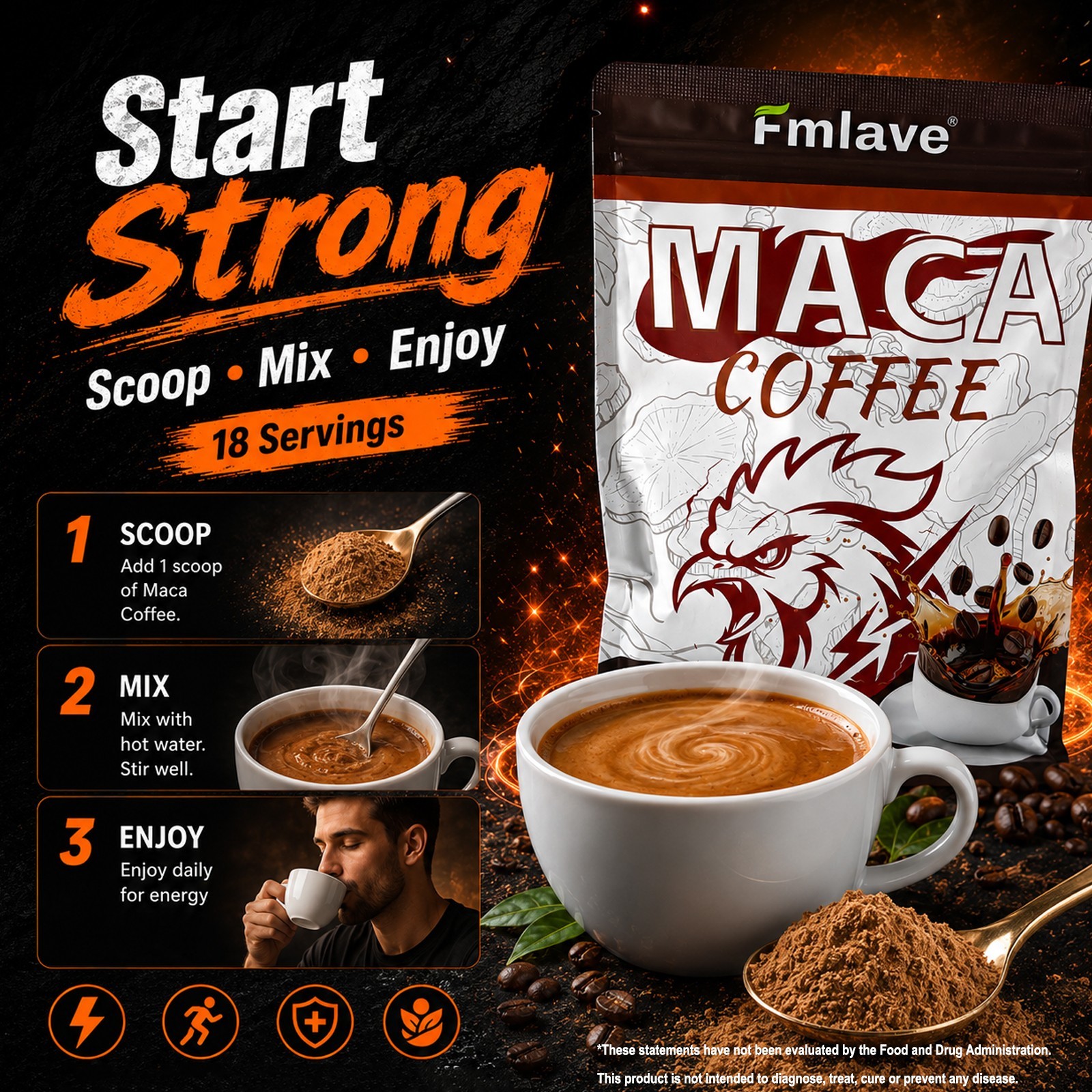 Men’s Energy Coffee Instant Coffee Maca Ginseng Extract Focus Stamina 18 serving