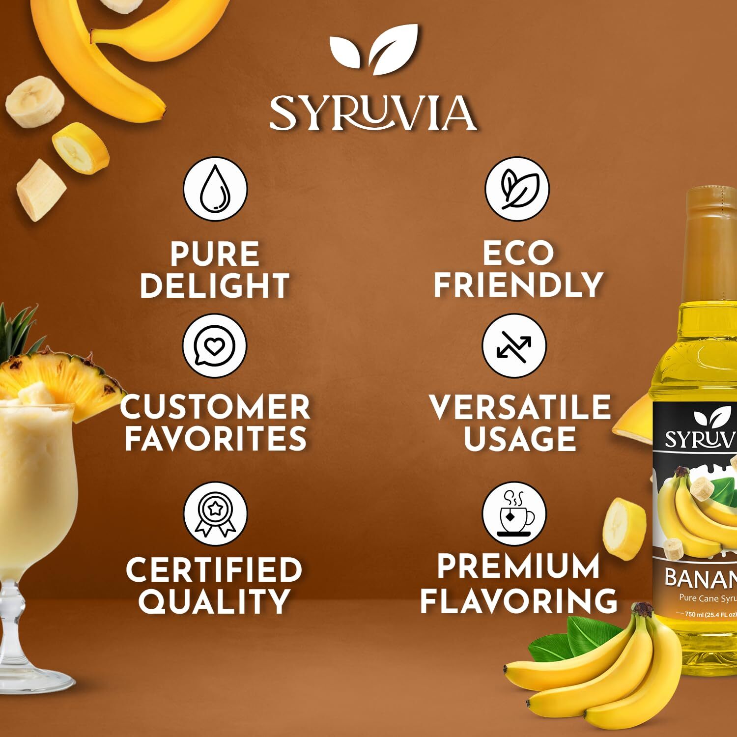 Syruvia Banana Syrup 25.4 fl oz, Kosher, Gluten-Free for Drinks, Soda & More