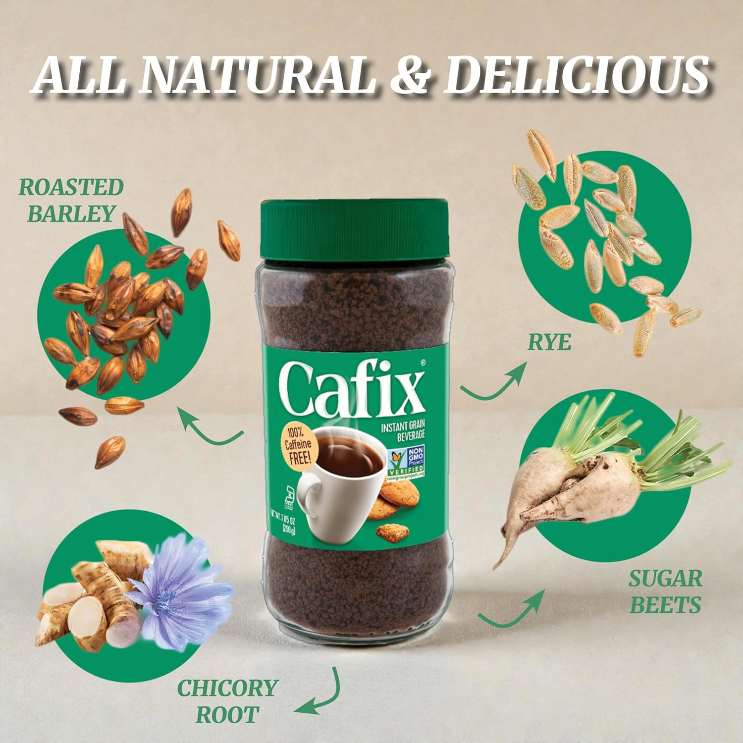Caffeine Free Instant Coffee Substitute Crystals 7.05 oz Non GMO Kosher