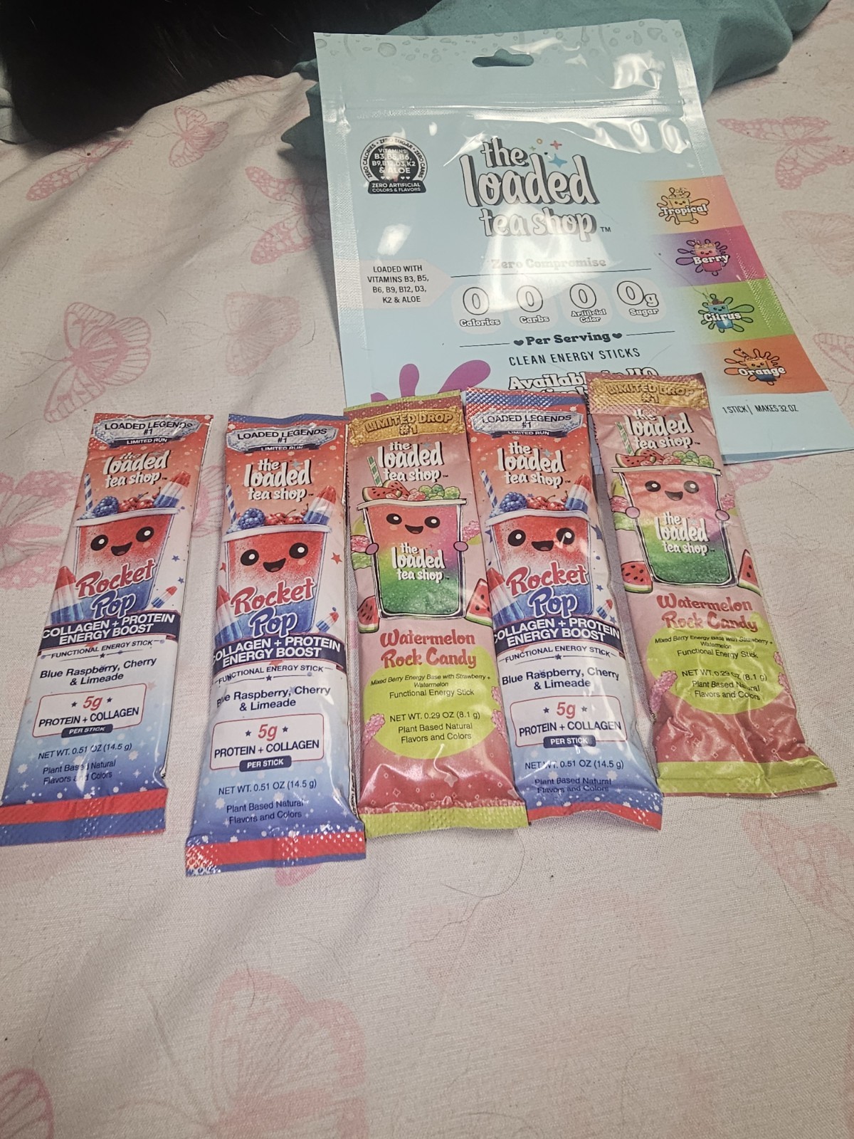 The Loaded Tea Shop Energy Drinks, 5 Pack, Rocket pop & Watermelon rock candy