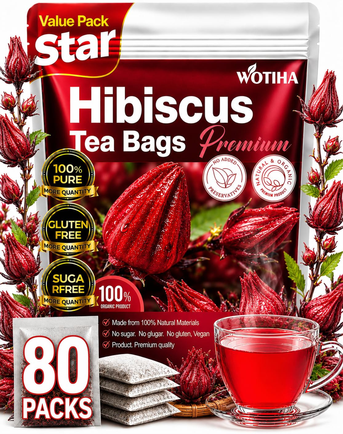 Premium 80 Hibiscus Flower Tea Bags (Flor De Jamaica) – 100% Natural, Tart & Ref