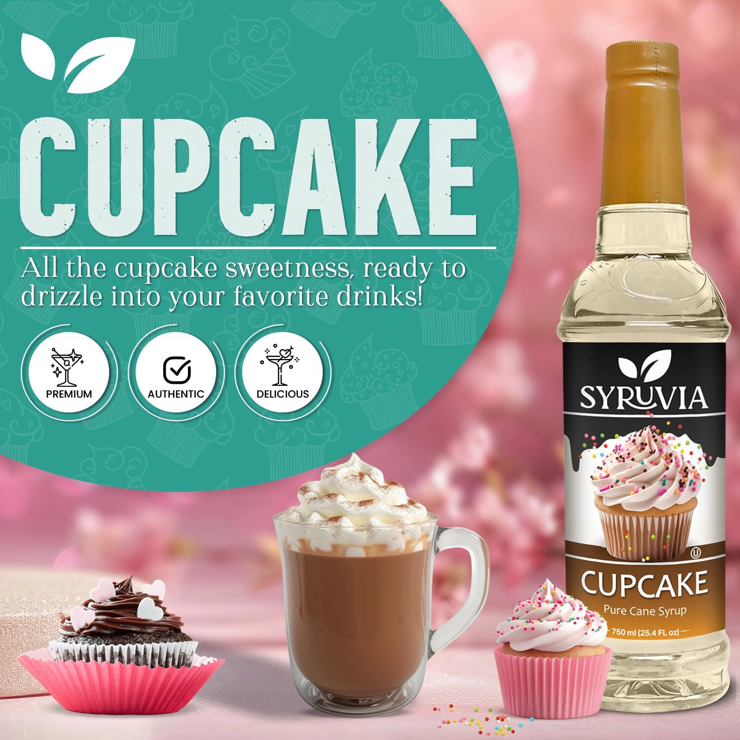 Syruvia Cupcake Syrup 25.4 fl oz, Kosher, Gluten-Free for Coffee, Dessert & More