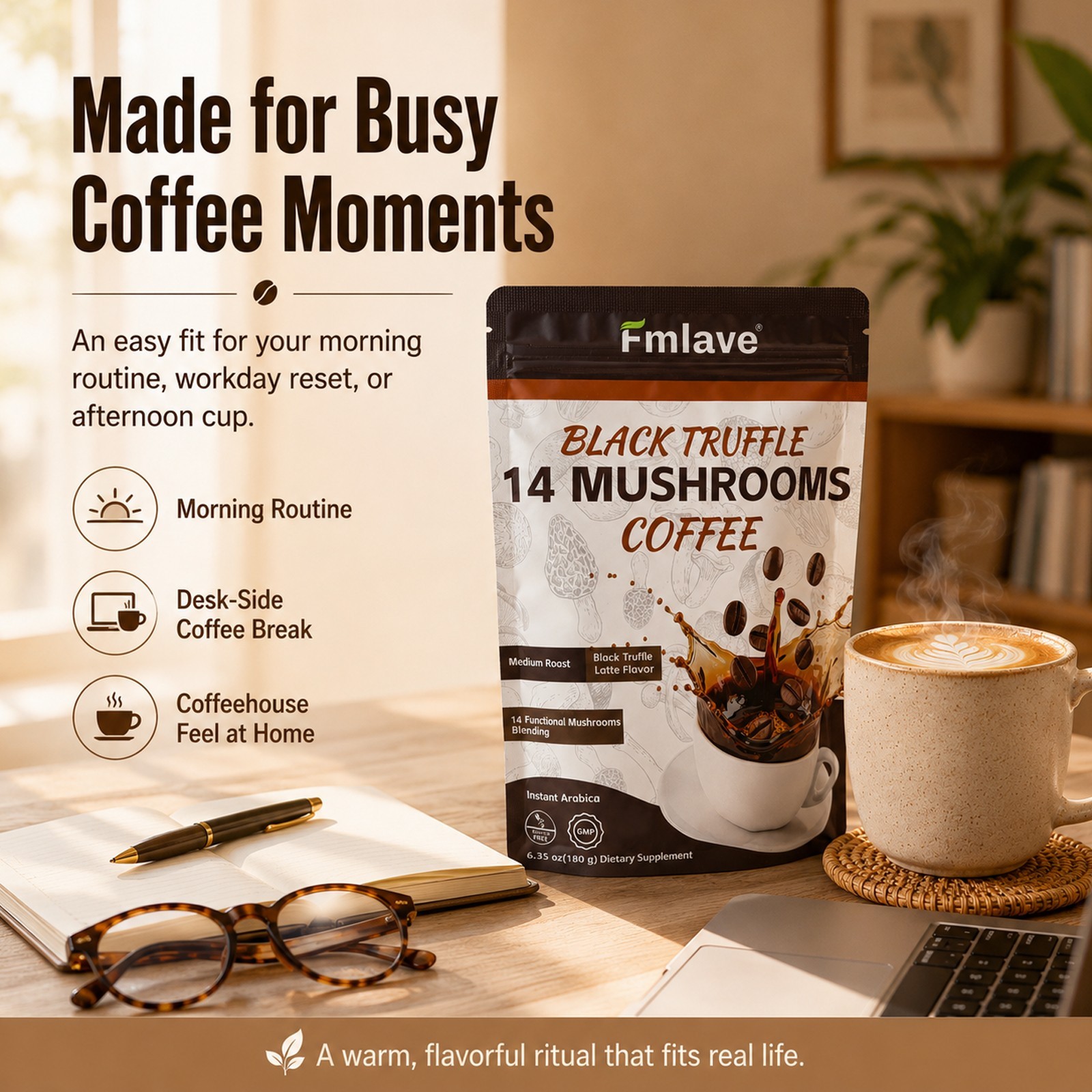 Organic Mushroom Coffee 18 Servings – 14 Mushroom Blend for Focus & Energy Boost