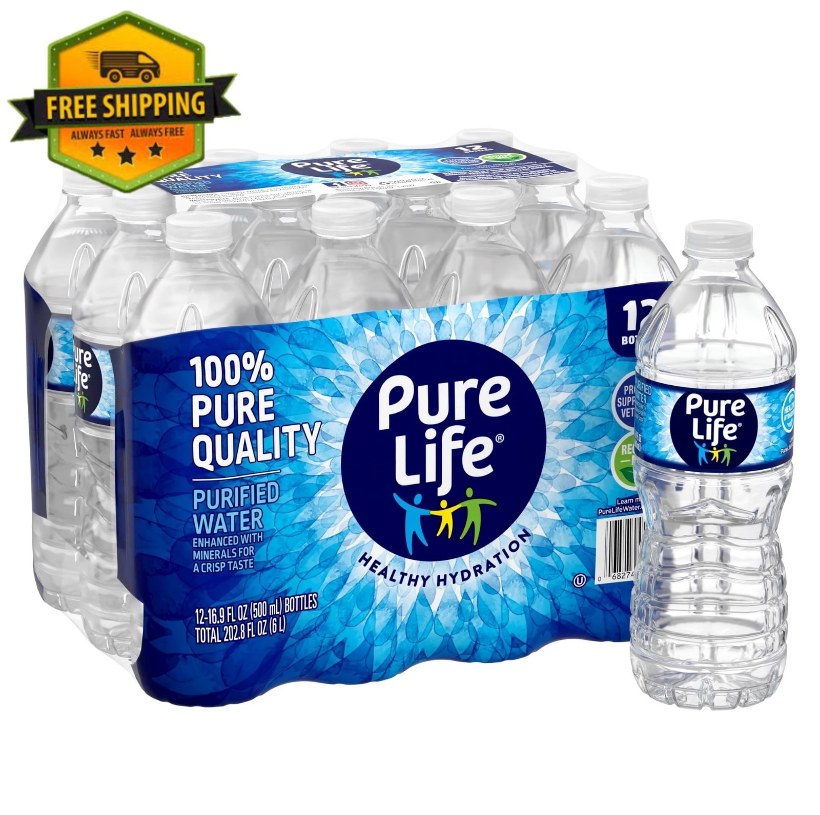 Pure Life Purified Water, 16.9 fl oz Plastic Bottles, 12-Pack