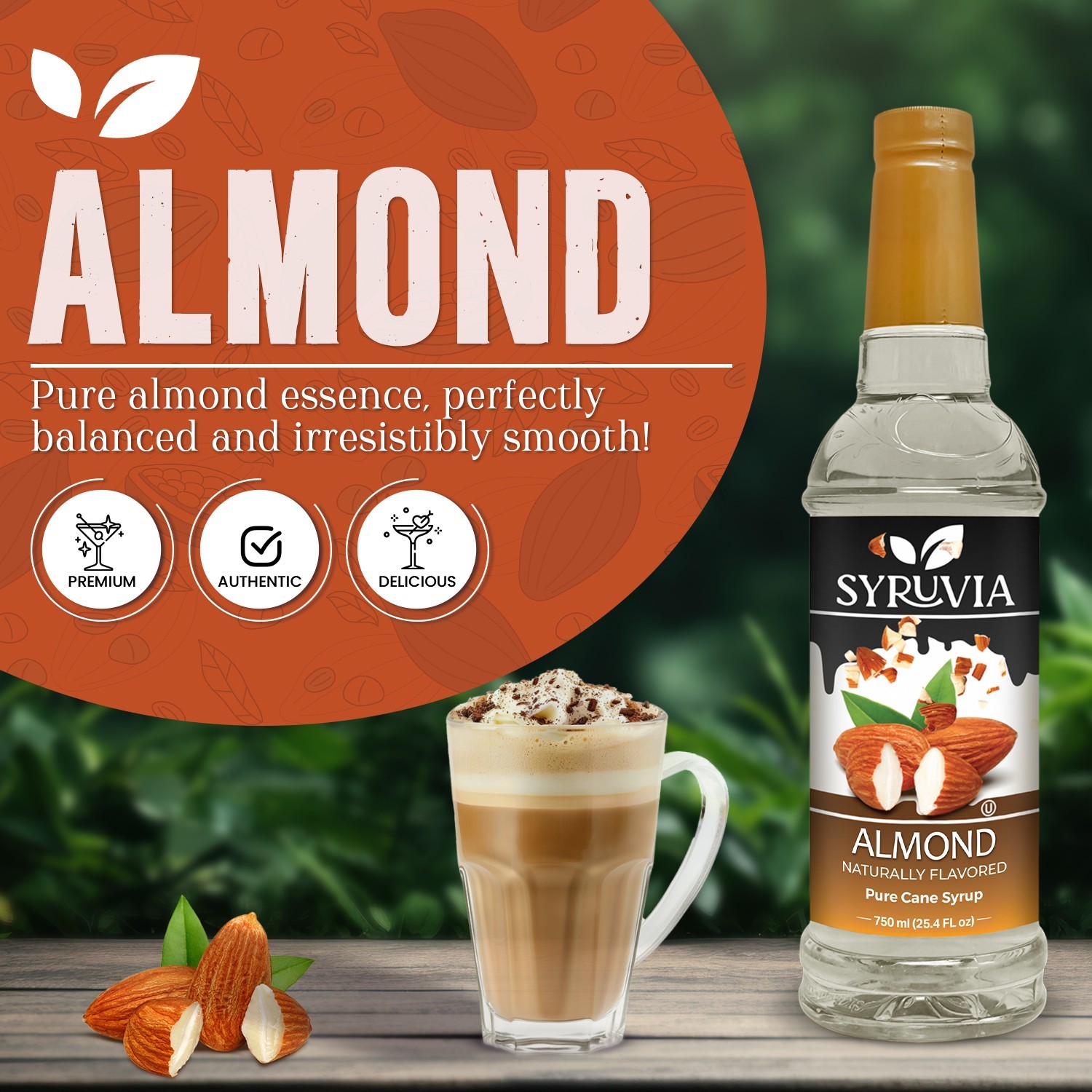 Syruvia Almond Syrup 25.4 fl oz, Kosher, Gluten-Free for Coffee, Desserts & More