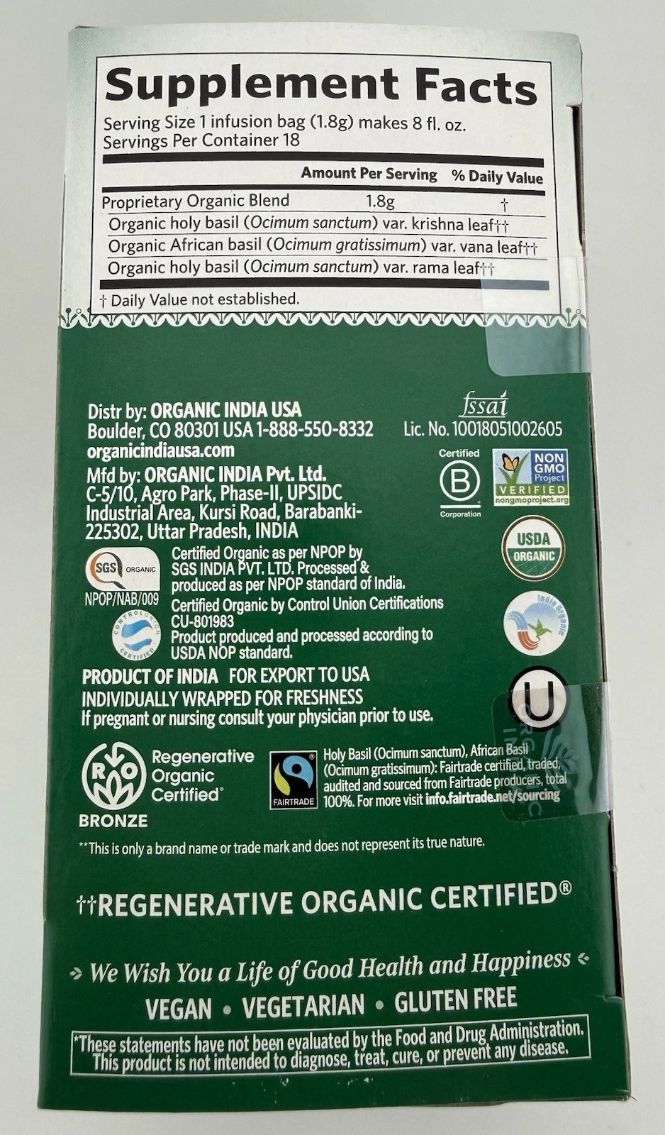 Organic India Tulsi Original Herbal Tea Organic Caffeine Free 18 Bags Pack of 6
