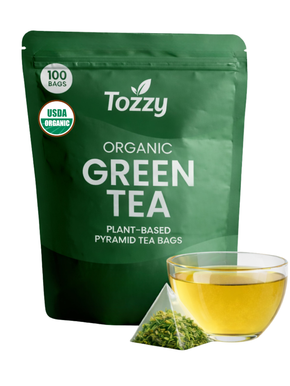 Organic Green Tea Bags – 100 Count (Plant-Based Pyramid Tea Bags)