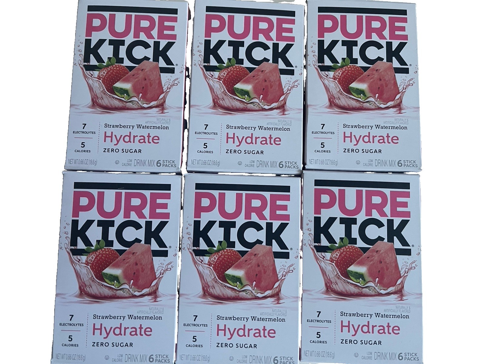 Pure Kick Strawberry watermelon Drink Mix Singles to Go! 6 Boxes, 6 Packets Each