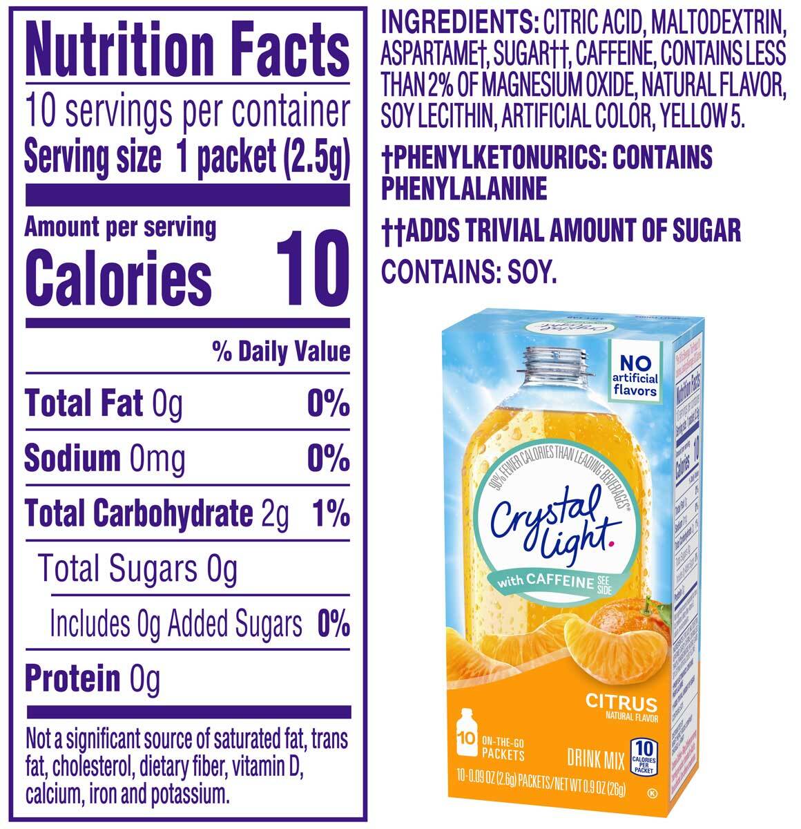 Crystal Light Citrus Drink Mix Powder Packets W/ Caffeine – 10 Ct – Pack of 12