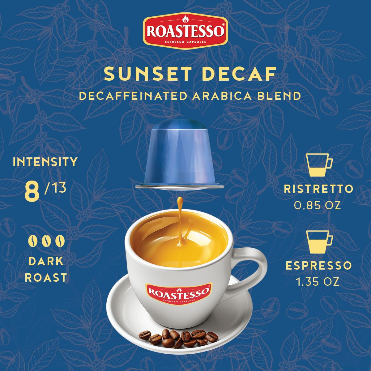 Roastesso, Aluminum Espresso Capsules, Sunset Decaf, Decaffeinated Pods, Compati