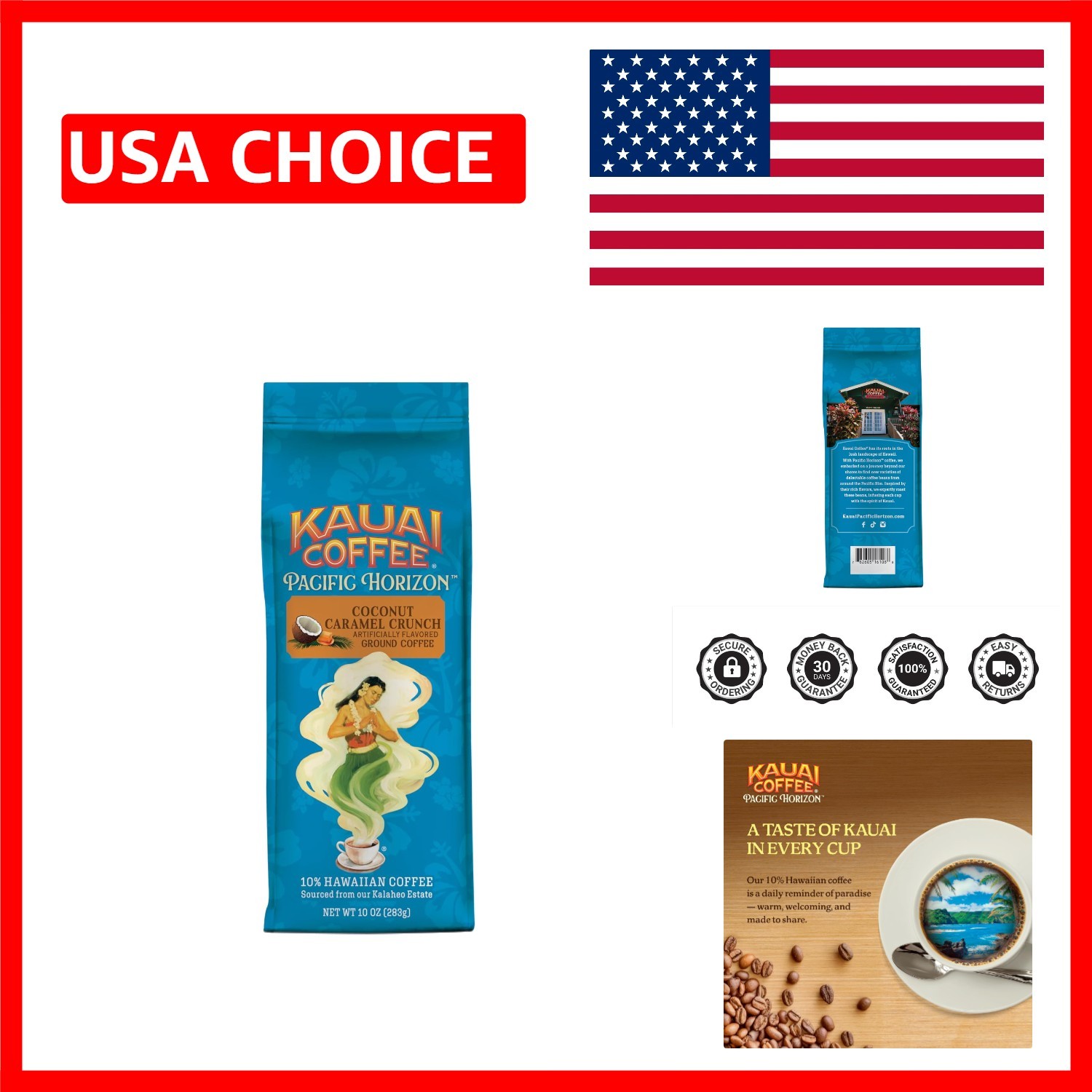 10 oz Medium Roast Hawaiian Coffee – Rich Coconut Caramel Flavor – No Bitterness