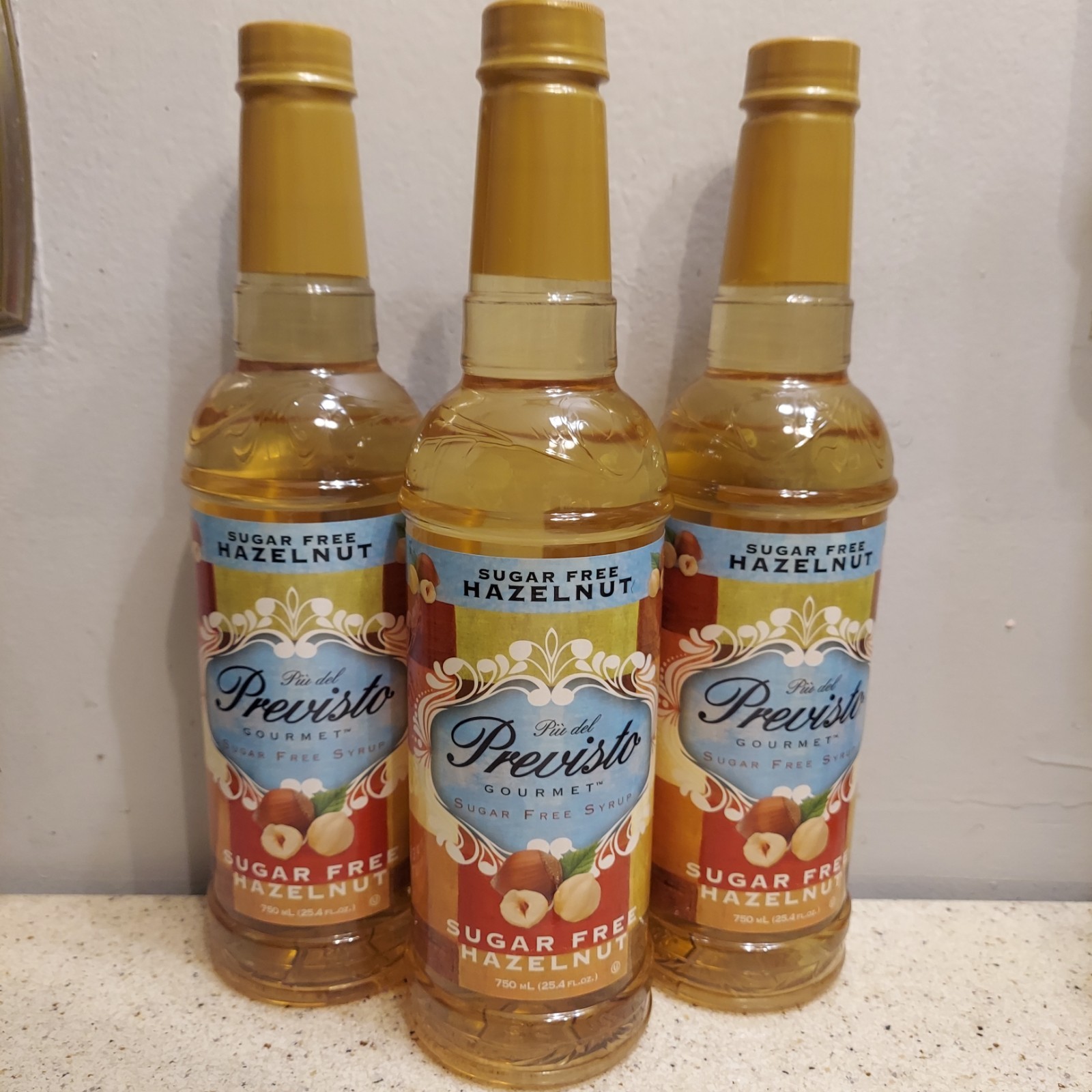 Lot of 3 Piu Del Previsto Gourmet Sugar Free Hazelnut Syrup 25.4 fl oz ea