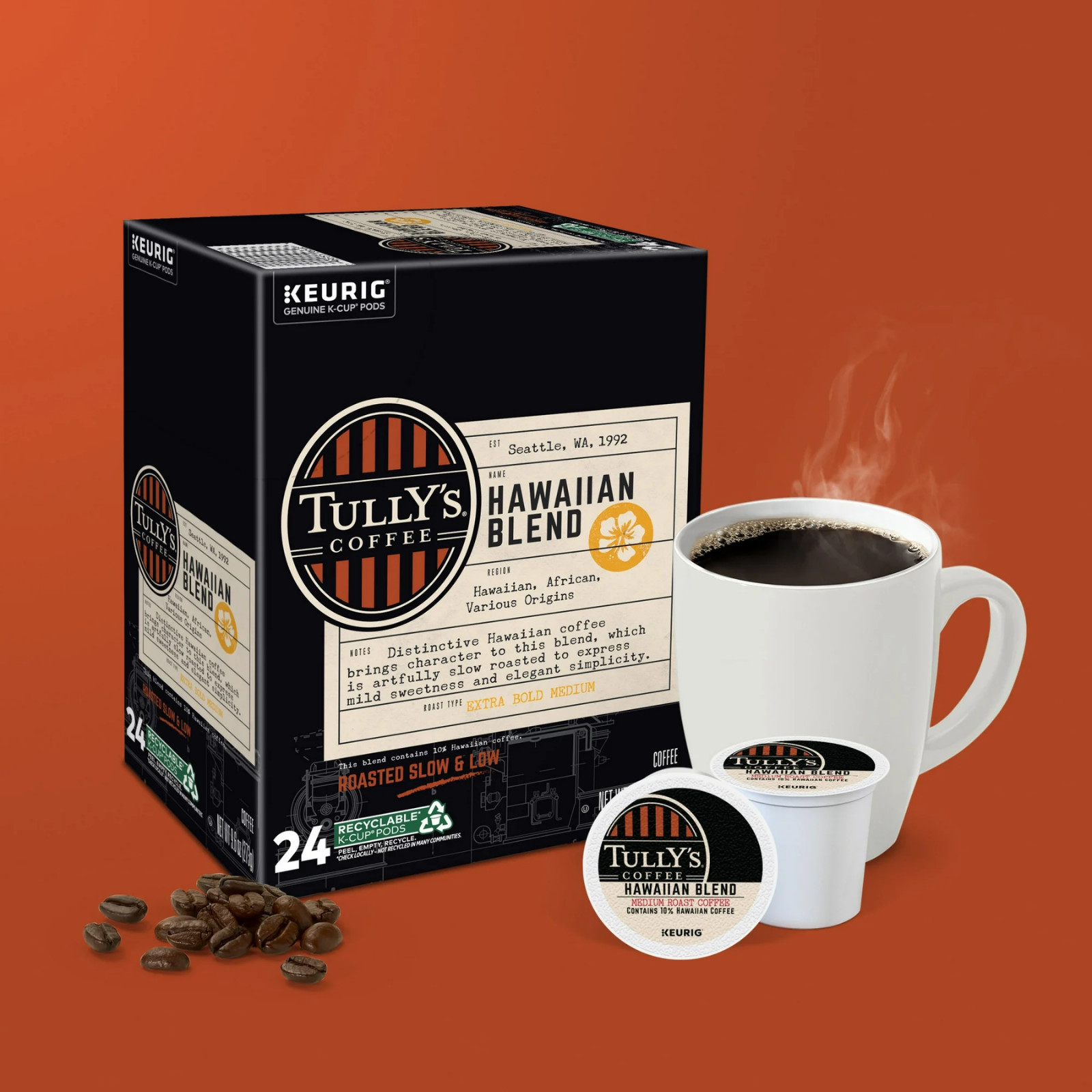 Tully’s Coffee Hawaiian Blend K-Cups – Medium Roast – 24 Count Box – NEW