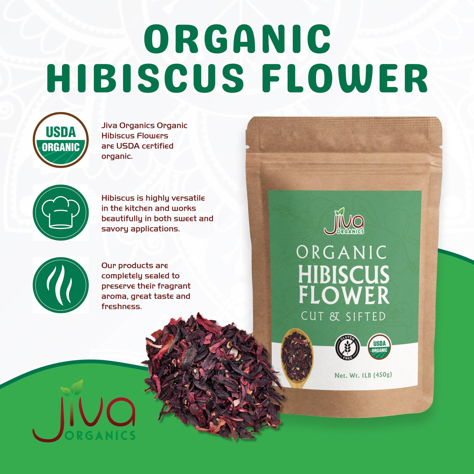 Organic Hibiscus Flowers 1 LB Bulk – 100% Pure, Cut & Sifted, Gluten Free,