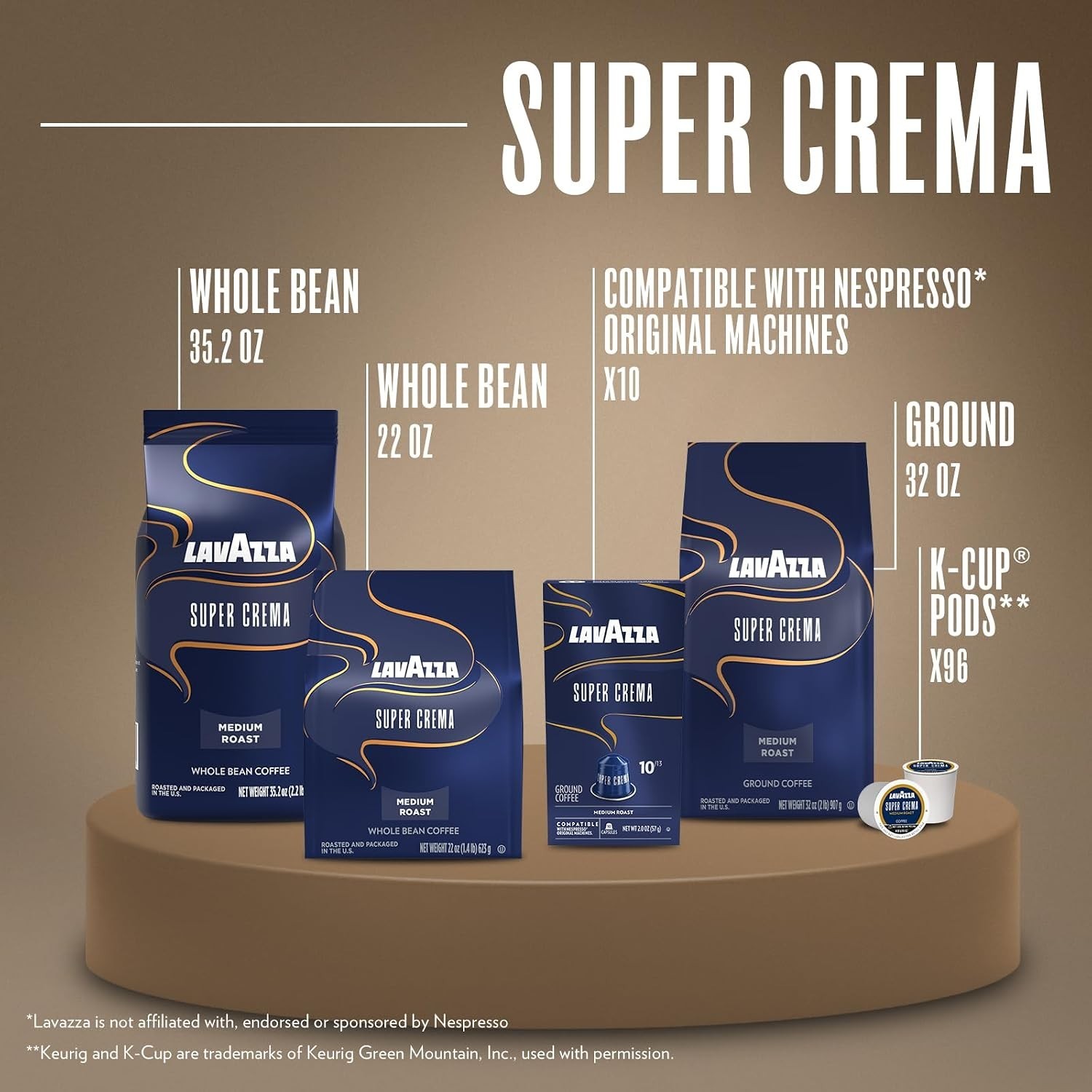 Lavazza Super Crema Whole Bean Coffee Medium Espresso Roast 2.2 lb Pack of 6