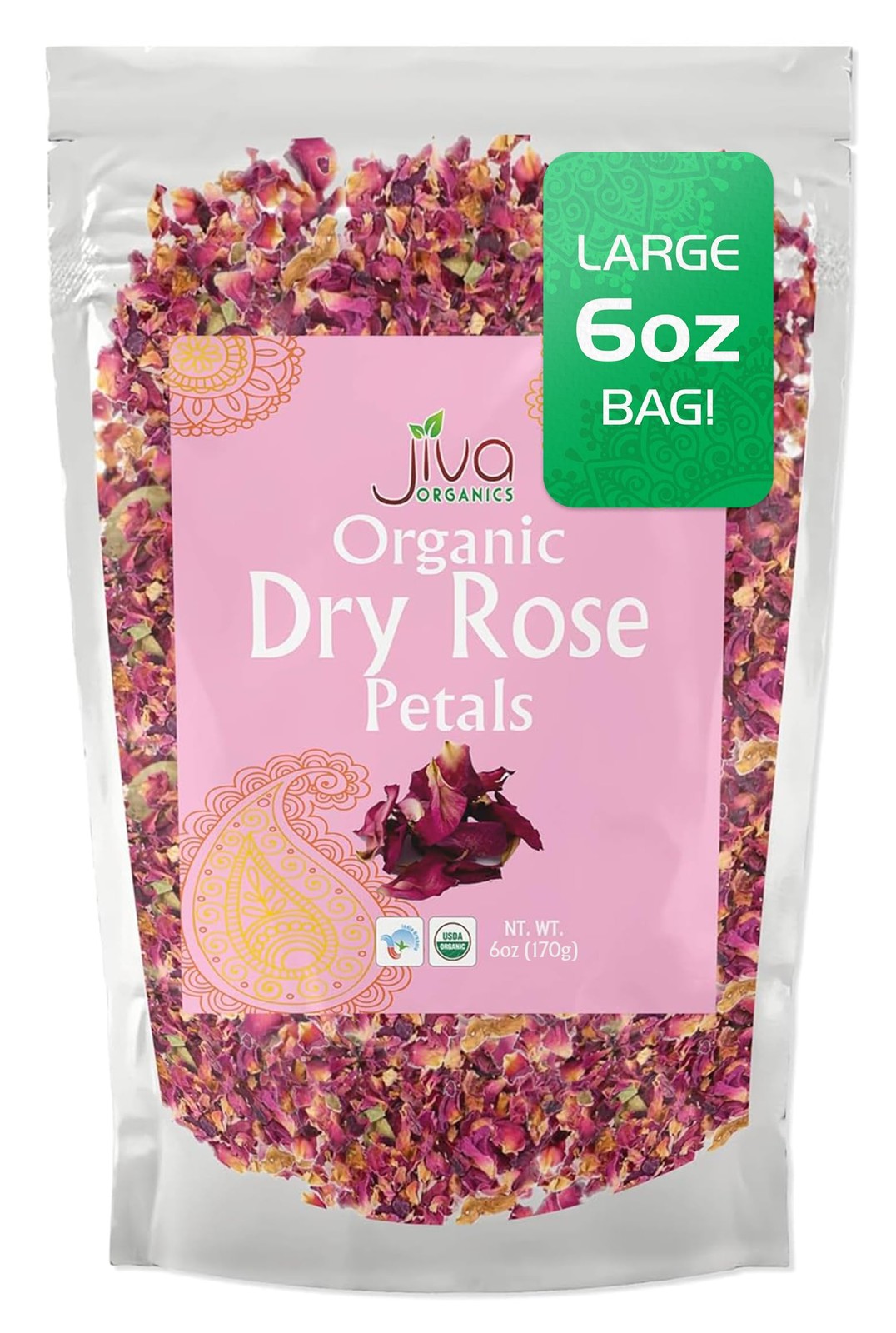Jiva USDA Organic Dried Red Rose Petals 6 Oz (170g) Large Bag – Food Grade