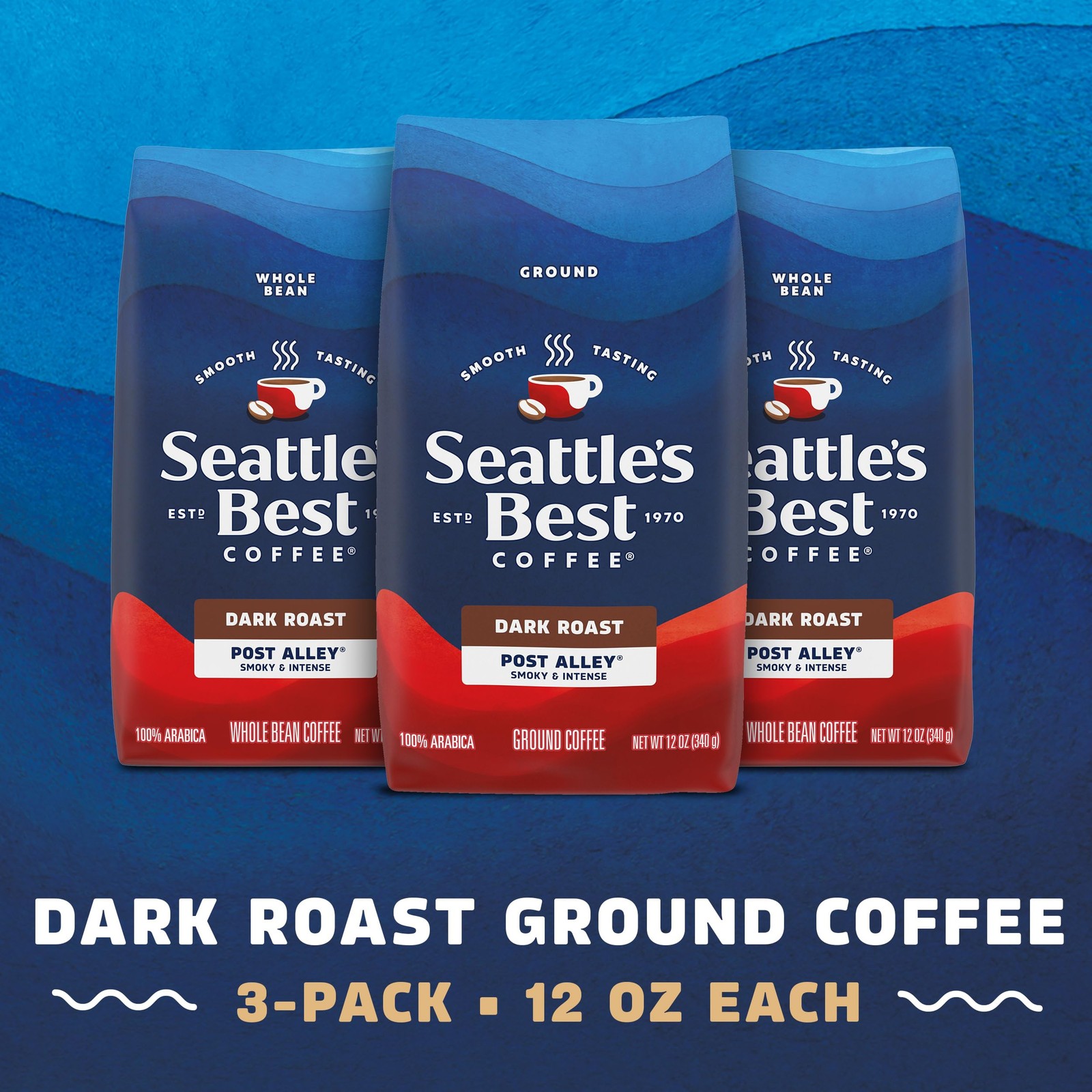 Seattle’s Best Coffee, Dark Roast Ground Coffee, Post Alley 100% Arabica, 3 Bags