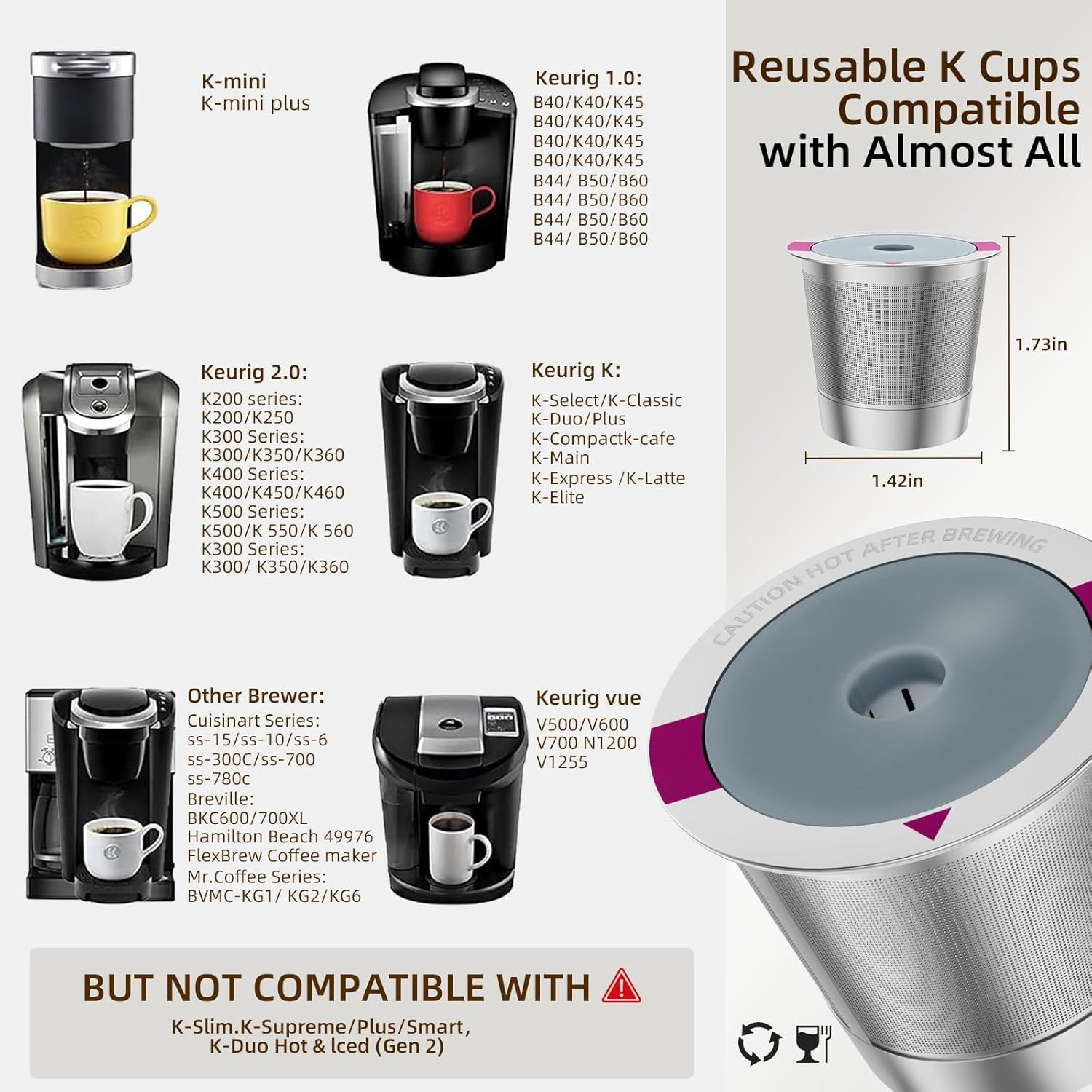 2 Pack Reusable K Cup Coffee Pods, Universal Stainless Steel Refillable K Cup