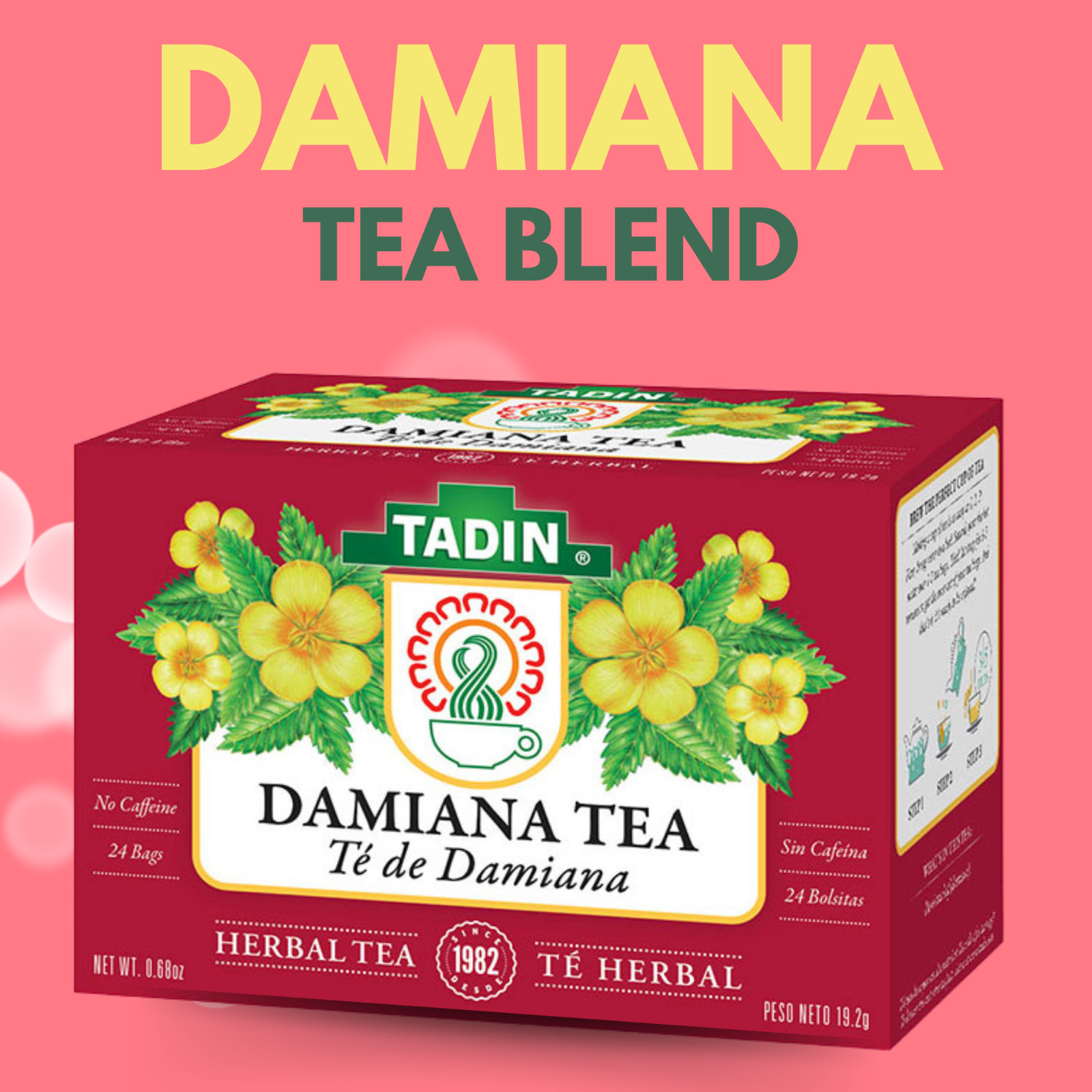 Tadin Damiana Herbal Tea, 24 Bags 0.68 fl oz, Smooth & Aromatic (6-Pack)