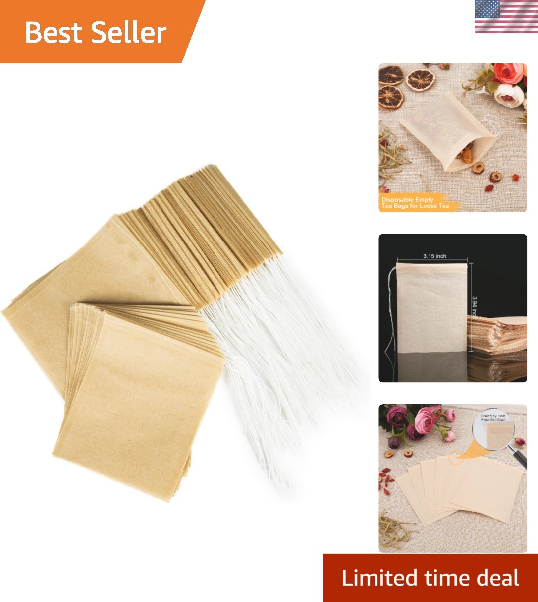 100PCS Natural Tea Filter Bags – Disposable Drawstring Tea Infusers (1-Cup)