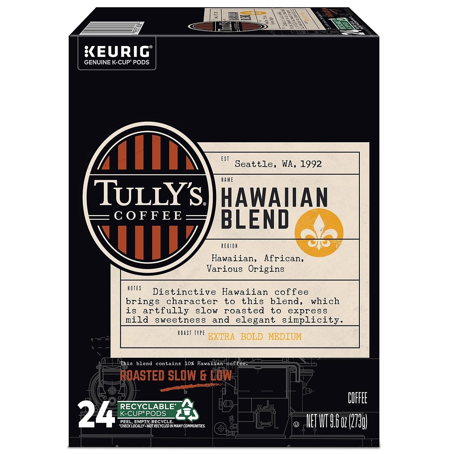 Tully’s Hawaiian Blend Medium Roast Coffee K-cup Pods 24 Count Recyclable