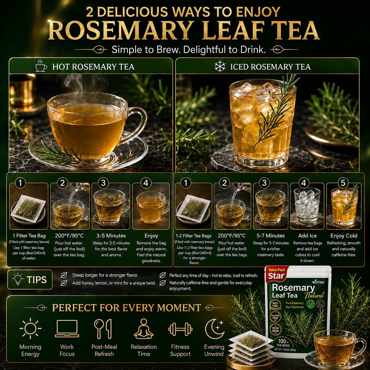 60 Count Premium Rosemary Leaf Tea Bags – 100% Pure Natural Rosemary Leaves