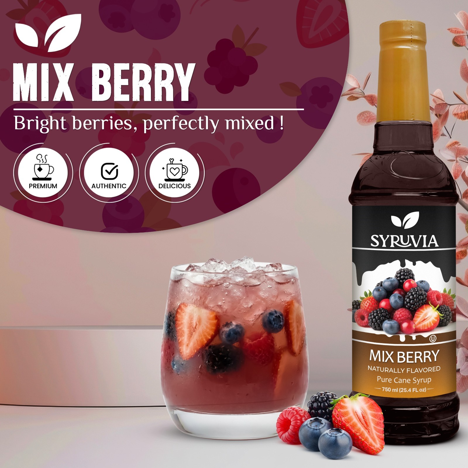 Syruvia Mix Berry Syrup 25.4 fl oz, Perfect for Cocktails, Desserts & More