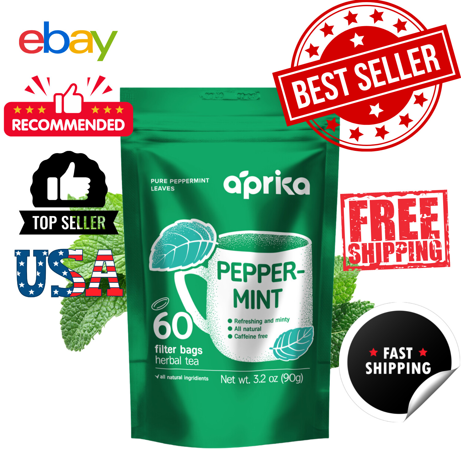 Pure Peppermint Tea – no stems, 100% Natural Herbal Tea, 60 bags, USA seller