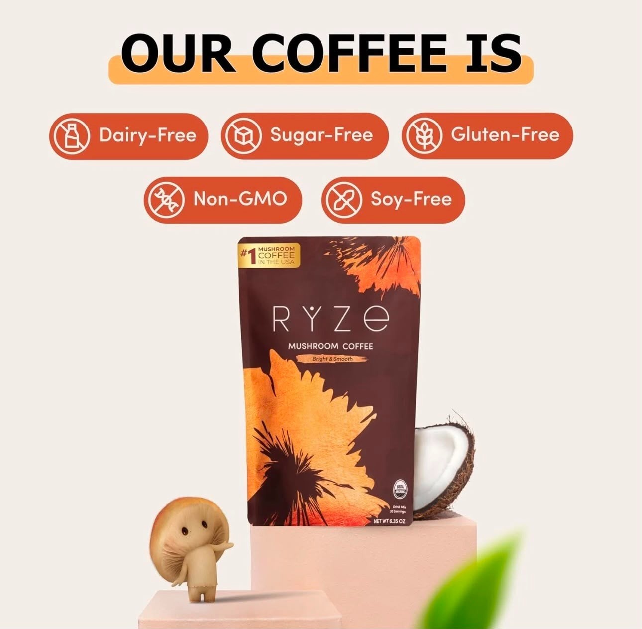 Share Pack of 2-Organic RYSE Mushroom Coffee, 30 Servings Each Pack -Free Shippi