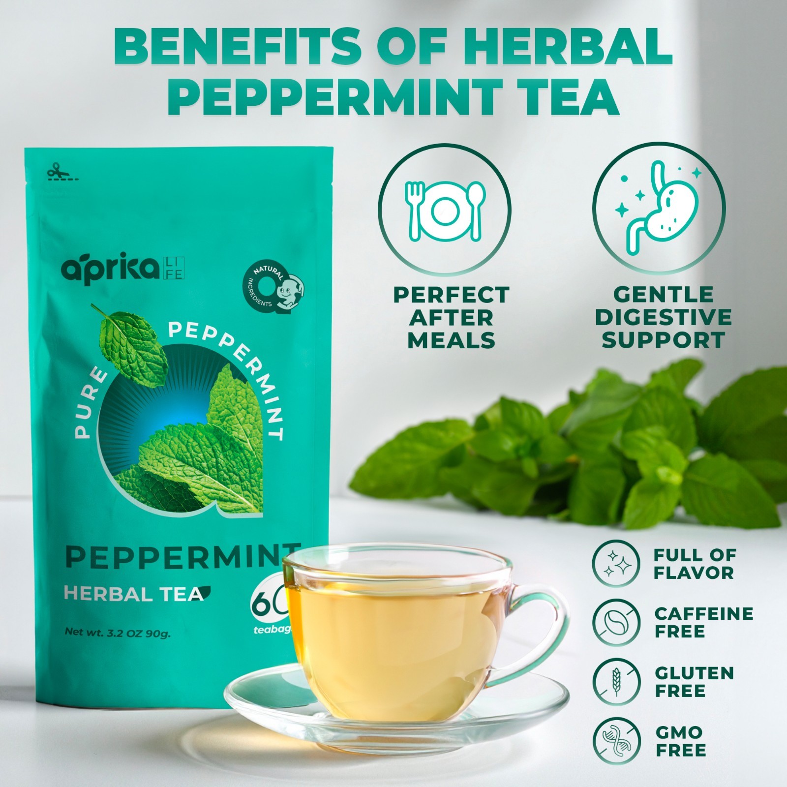 Pure Peppermint Tea – no stems, 100% Natural Herbal Tea, 60 bags, USA seller