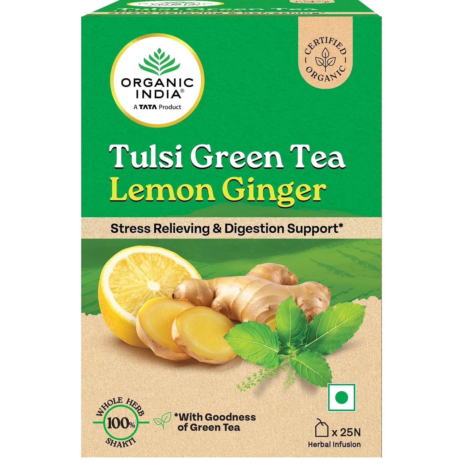 Organic India Tulsi Green Tea Lemon Ginger 25 Bags Herbal Blend