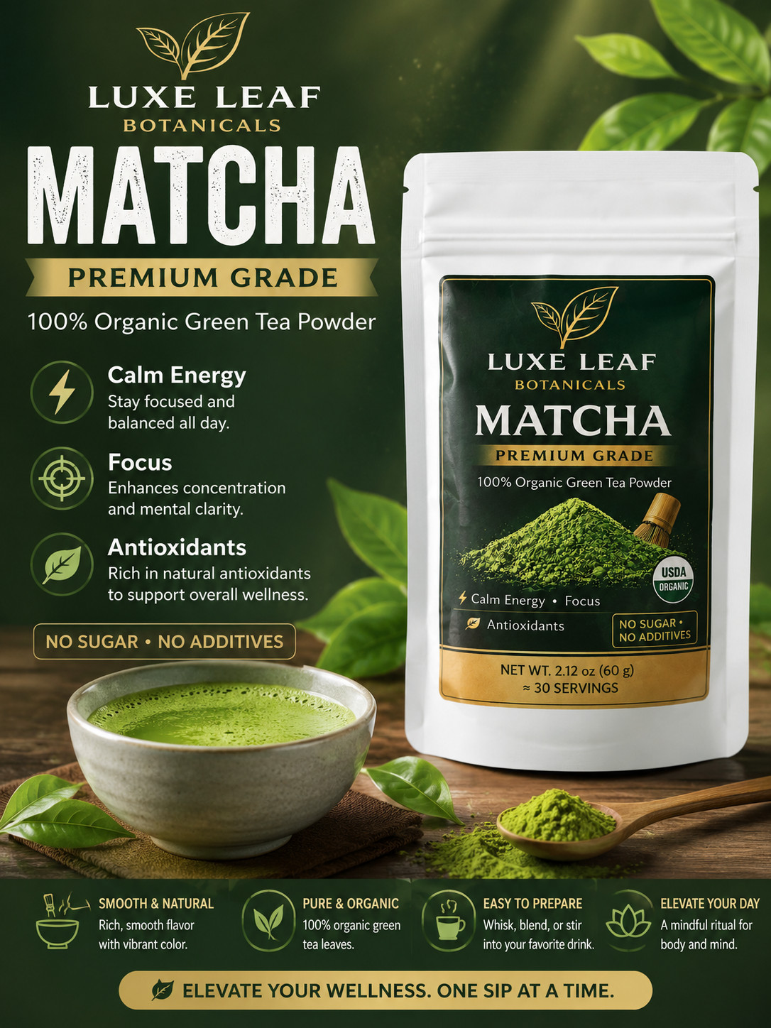 Luxe Leaf Botanicals Premium Ceremonial Matcha Green Tea Powder 2.12 oz (60g)