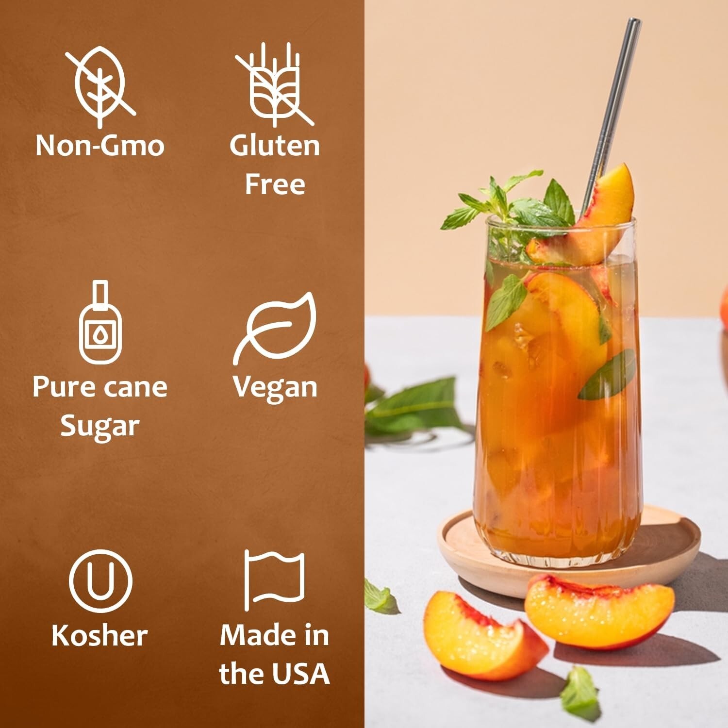 Syruvia Peach Syrup 25.4 fl oz, Kosher, Gluten-Free, Perfect for Drinks