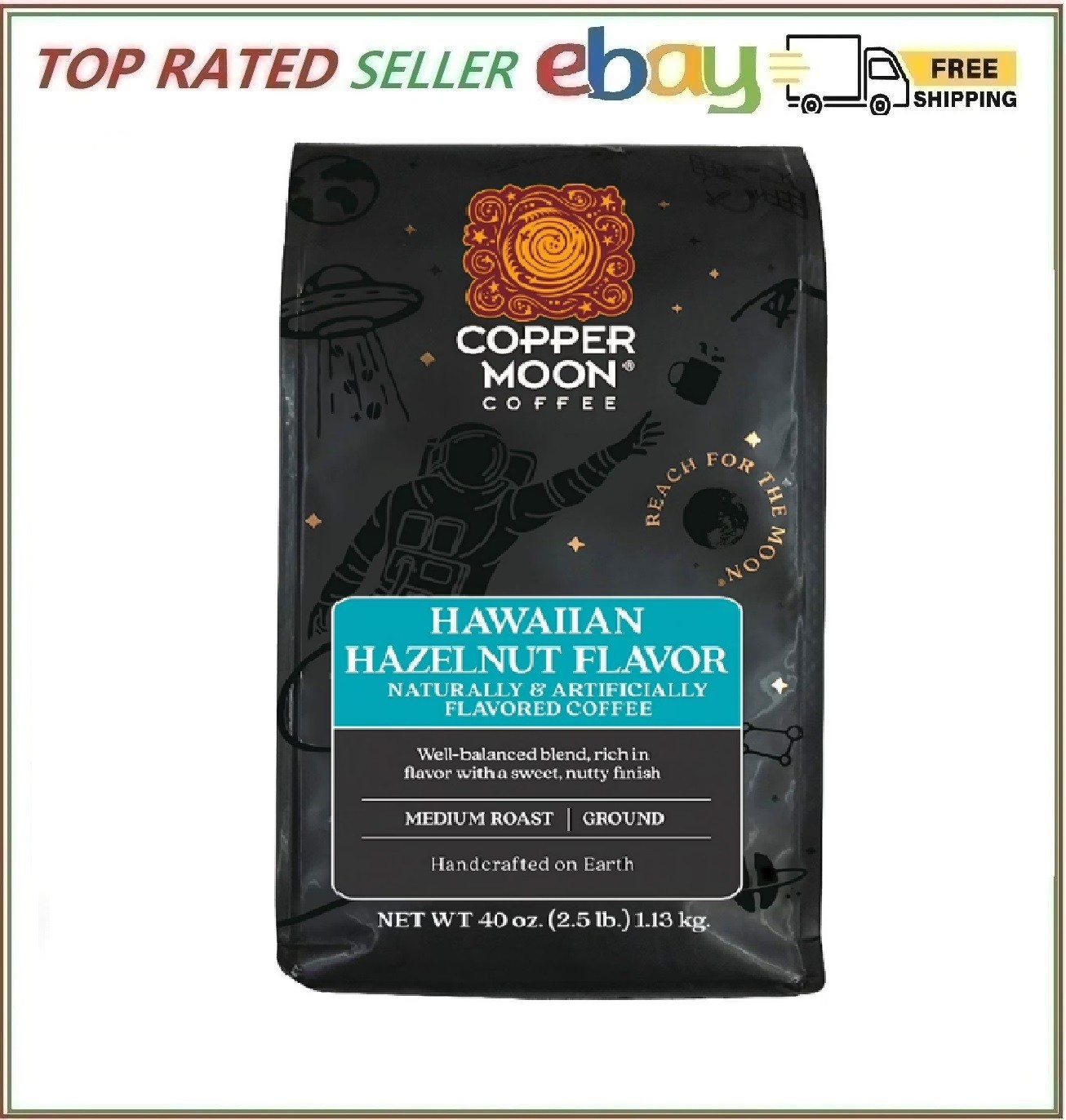 Copper Moon World Coffee Hawaiian Hazelnut Ground Medium Roast 2.5 lbs (40 oz)