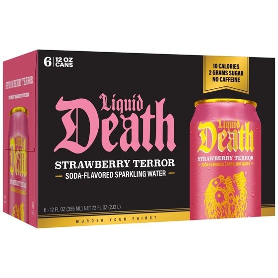 Liquid Death, Strawberry Terror, Soda Flavored Sparkling Water, 6-Pack 12oz Can