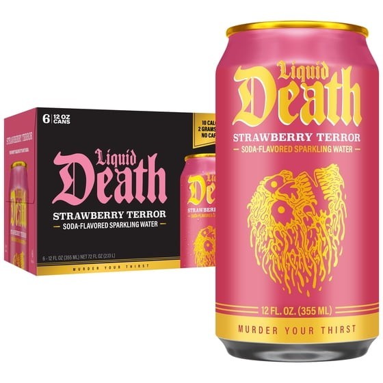 Liquid Death, Strawberry Terror, Soda Flavored Sparkling Water, 6-Pack 12oz Can