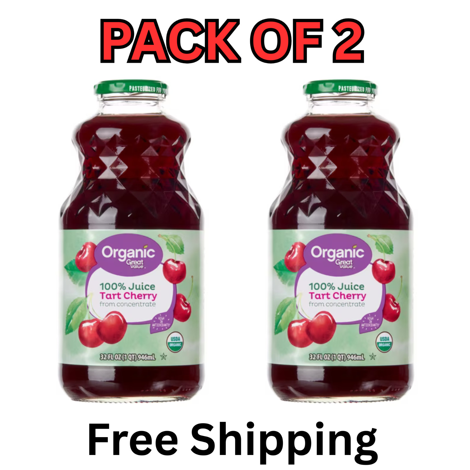 Great Value Organic 100% Tart Cherry Juice, 32 fl oz, Pack of 2