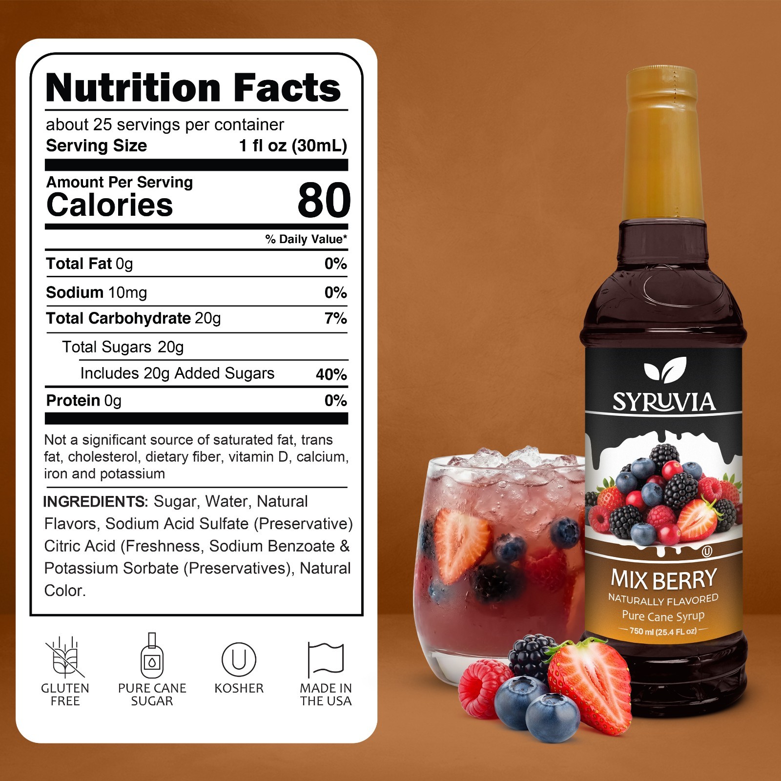 Syruvia Mix Berry Syrup 25.4 fl oz, Perfect for Cocktails, Desserts & More