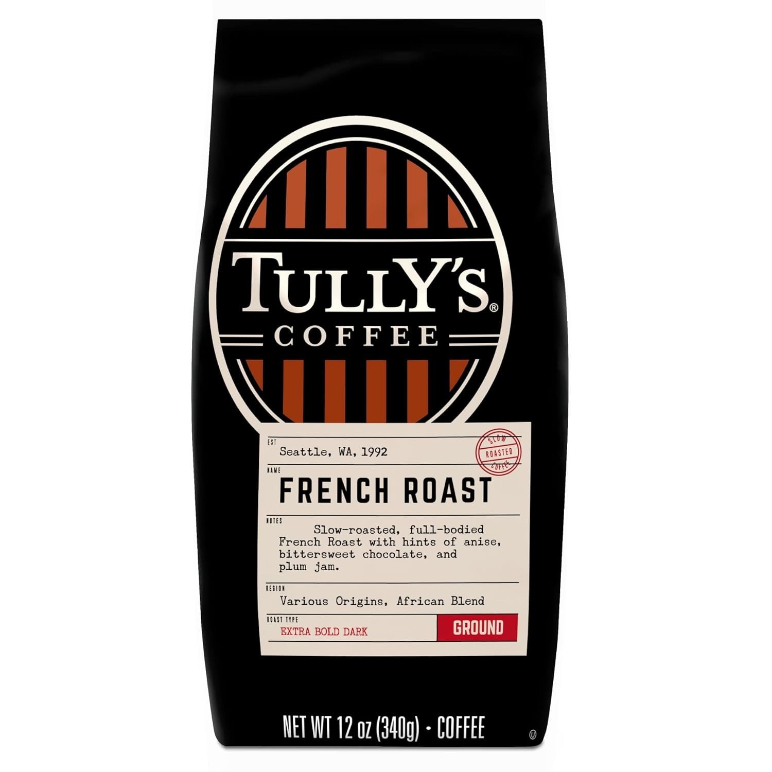 Tully’s Coffee French Roast, Ground Coffee, Dark Roast, Bagged 12oz (Pack of 3)
