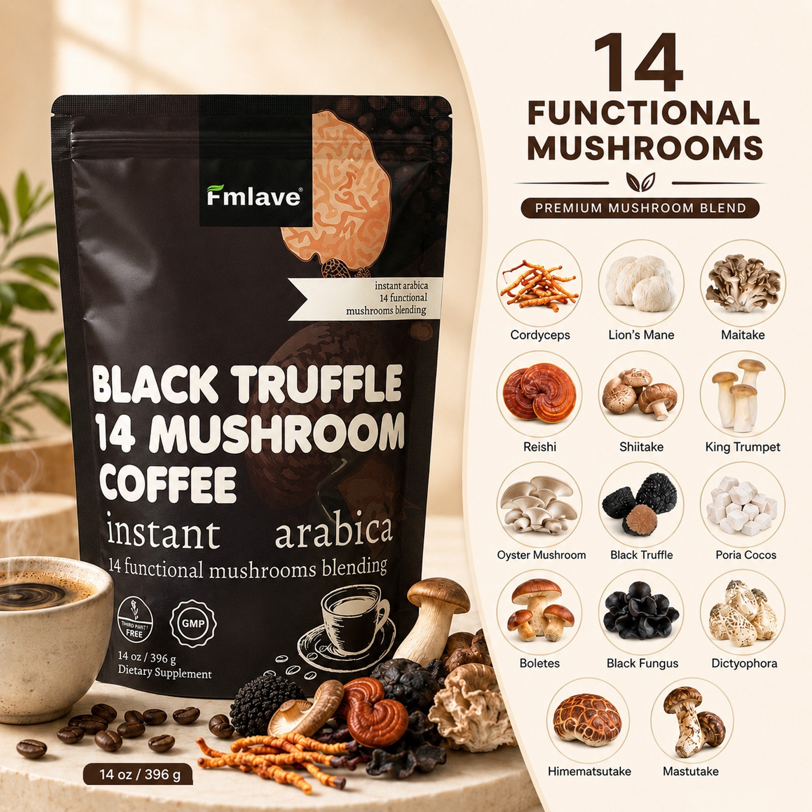 Organic Instant 14 In 1 Mushroom Coffee Immune Support Premium Arabica 396g 14oz